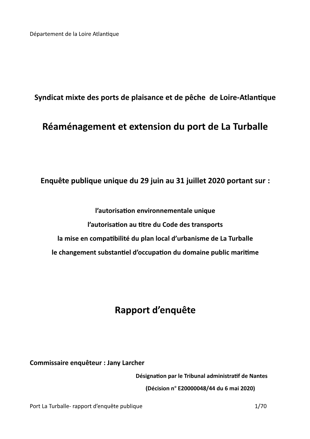 Réaménagement Et Extension Du Port De La Turballe Rapport D'enquête