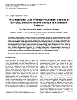 Folk Medicinal Uses of Indigenous Plant Species of Barroha, Bhara Kahu and Maanga in Islamabad, Pakistan