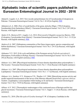 Alphabetic Index of Scientific Papers Published in Euroasian Entomological Journal in 2002 - 2016