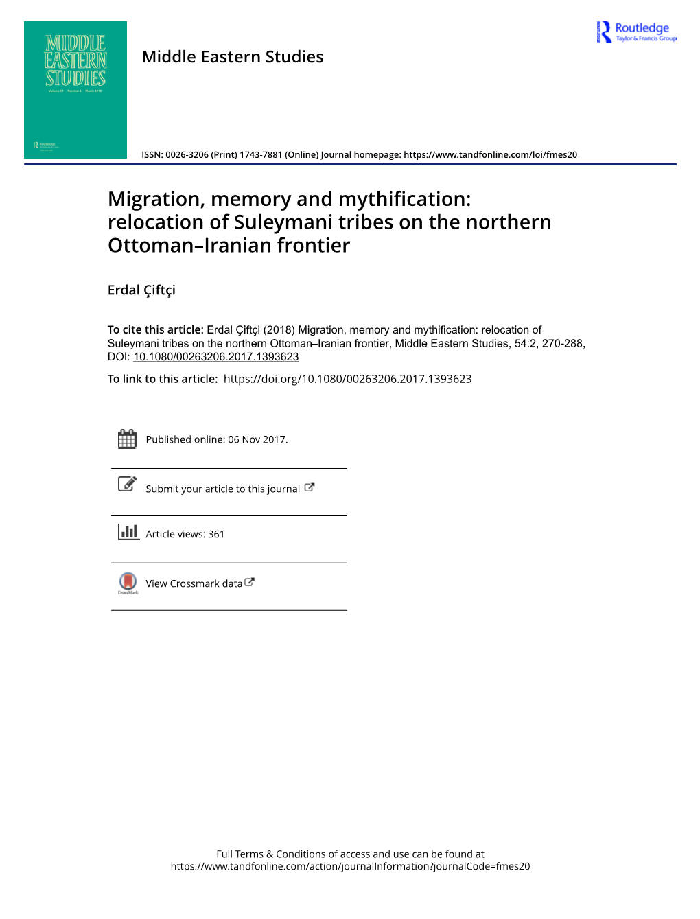 Migration, Memory and Mythification: Relocation of Suleymani Tribes on the Northern Ottoman–Iranian Frontier