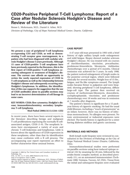 CD20-Positive Peripheral T-Cell Lymphoma: Report of a Case After Nodular Sclerosis Hodgkin’S Disease and Review of the Literature Renee L