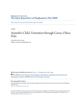 Aristotle's Child: Formation Through Genes, Oikos, Polis Daryl Mcgowan Tress Fordham University, Tress@Fordham.Edu