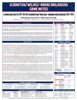 Scranton/Wilkes-Barre Railriders Game Notes Syracuse Mets (14-9) @ Scranton/Wilkes-Barre Railriders (10-10)