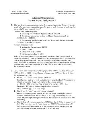 Industrial Organization Answer Key to Assignment # 1