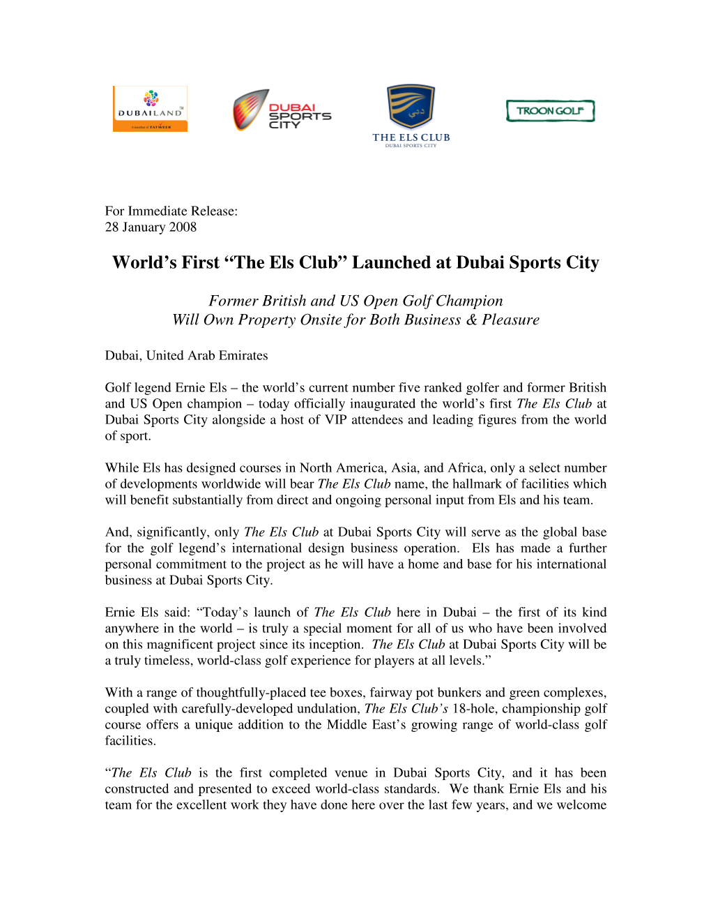 World's First “The Els Club” Launched at Dubai Sports City