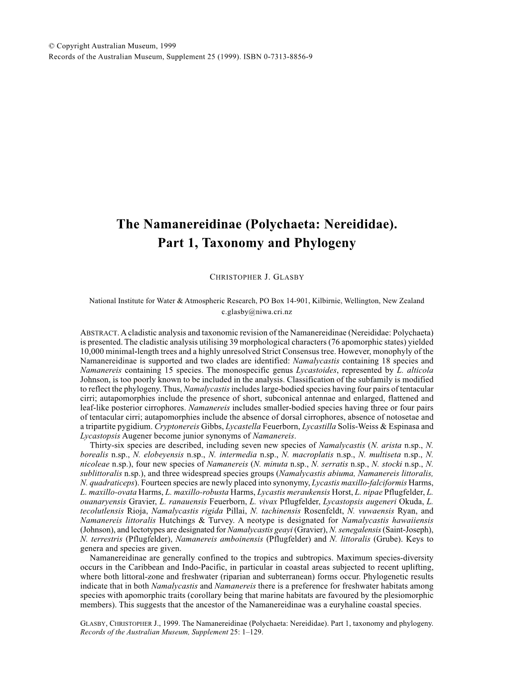 The Namanereidinae (Polychaeta: Nereididae). Part 1, Taxonomy and Phylogeny