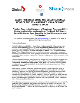 Jason Priestley Joins the Celebration As Host of the 2014 Canada's Walk of Fame Tribute Show