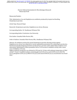 Optimization of an Anti Staphylococcus Antibiotic Produced by Tropical Soil Dwelling Streptomyces Parvulus