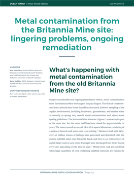 Metal Contamination from the Britannia Mine Site: Lingering Problems, Ongoing Remediation