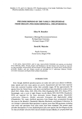 PSEUDOSCORPIONS of the FAMILY CHELIFERIDAE from OREGON (PSEUDOSCORPIONIDA, CHELIFEROIDEA ) Ellen M. Benedict Department of Biolo
