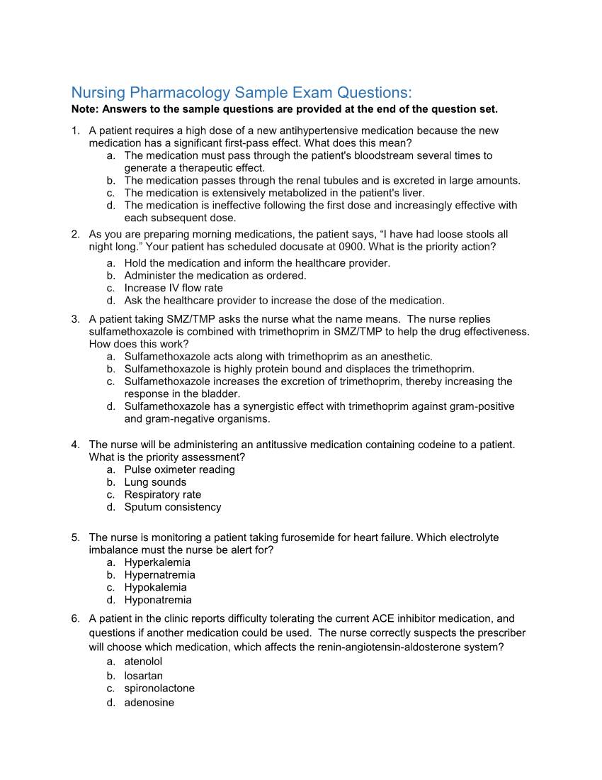 Nursing Pharmacology Sample Exam Questions: Note: Answers to the Sample Questions Are Provided at the End of the Question Set
