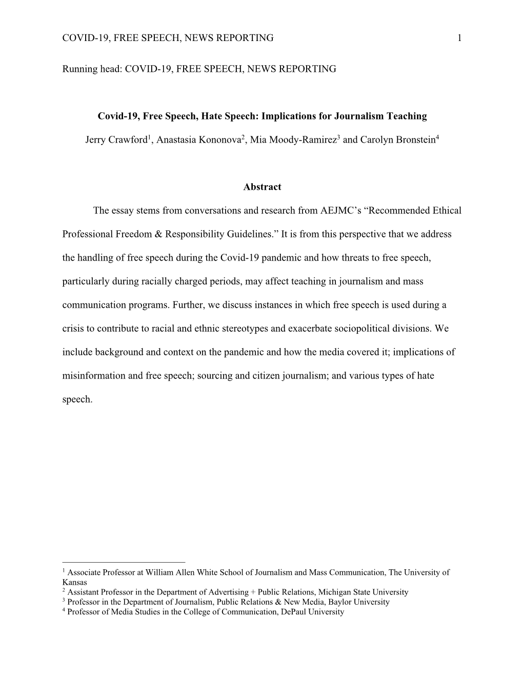 Covid-19, Free Speech, Hate Speech: Implications for Journalism Teaching