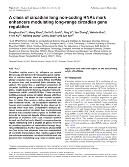 A Class of Circadian Long Non-Coding Rnas Mark Enhancers Modulating Long-Range Circadian Gene Regulation Zenghua Fan1,2, Meng Zhao3, Parth D