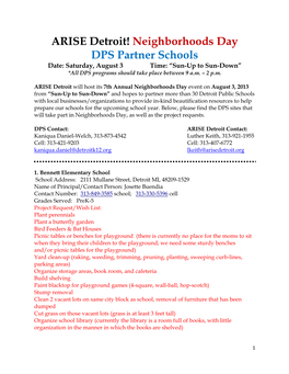 ARISE Detroit! Neighborhoods Day DPS Partner Schools Date: Saturday, August 3 Time: “Sun-Up to Sun-Down” *All DPS Programs Should Take Place Between 9 A.M
