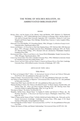 The Work of Holmes Rolston, Iii: Abbreviated Bibliography