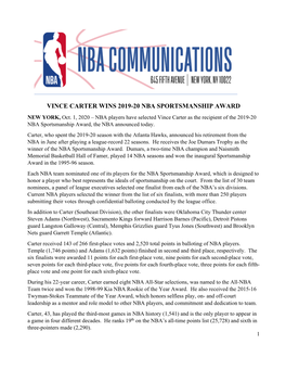 Vince Carter Wins 2019-20 NBA Sportsmanship Award __10-1-20