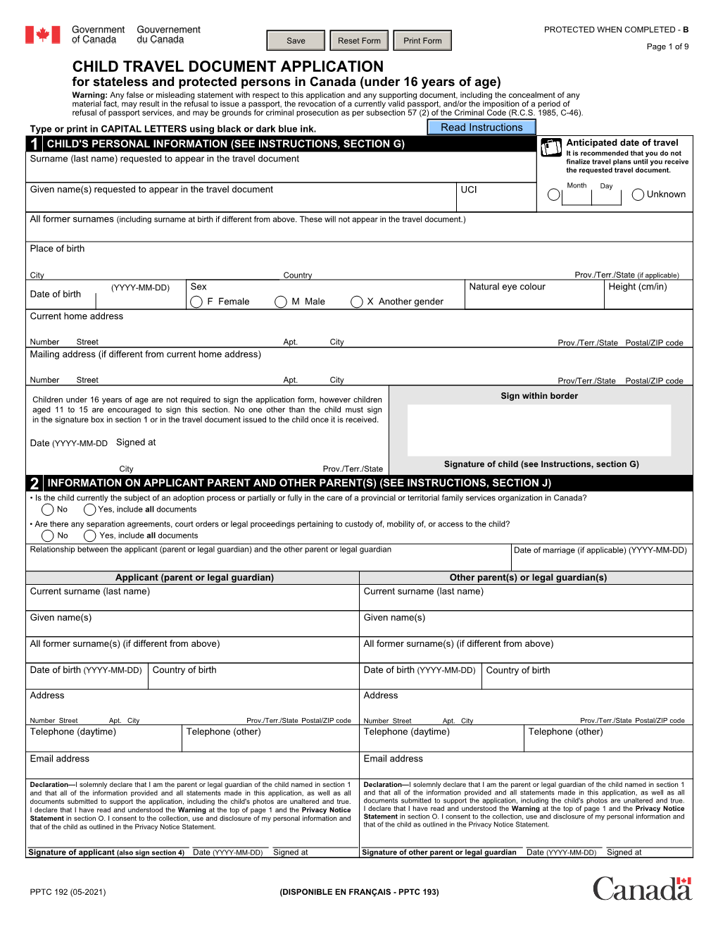 Child Travel Document Application Form [PPTC 192]