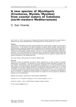 A New Species of Mysidopsis (Crustacea, Mysida, Mysidae) from Coastal Waters of Catalonia (North–Western Mediterranean) C
