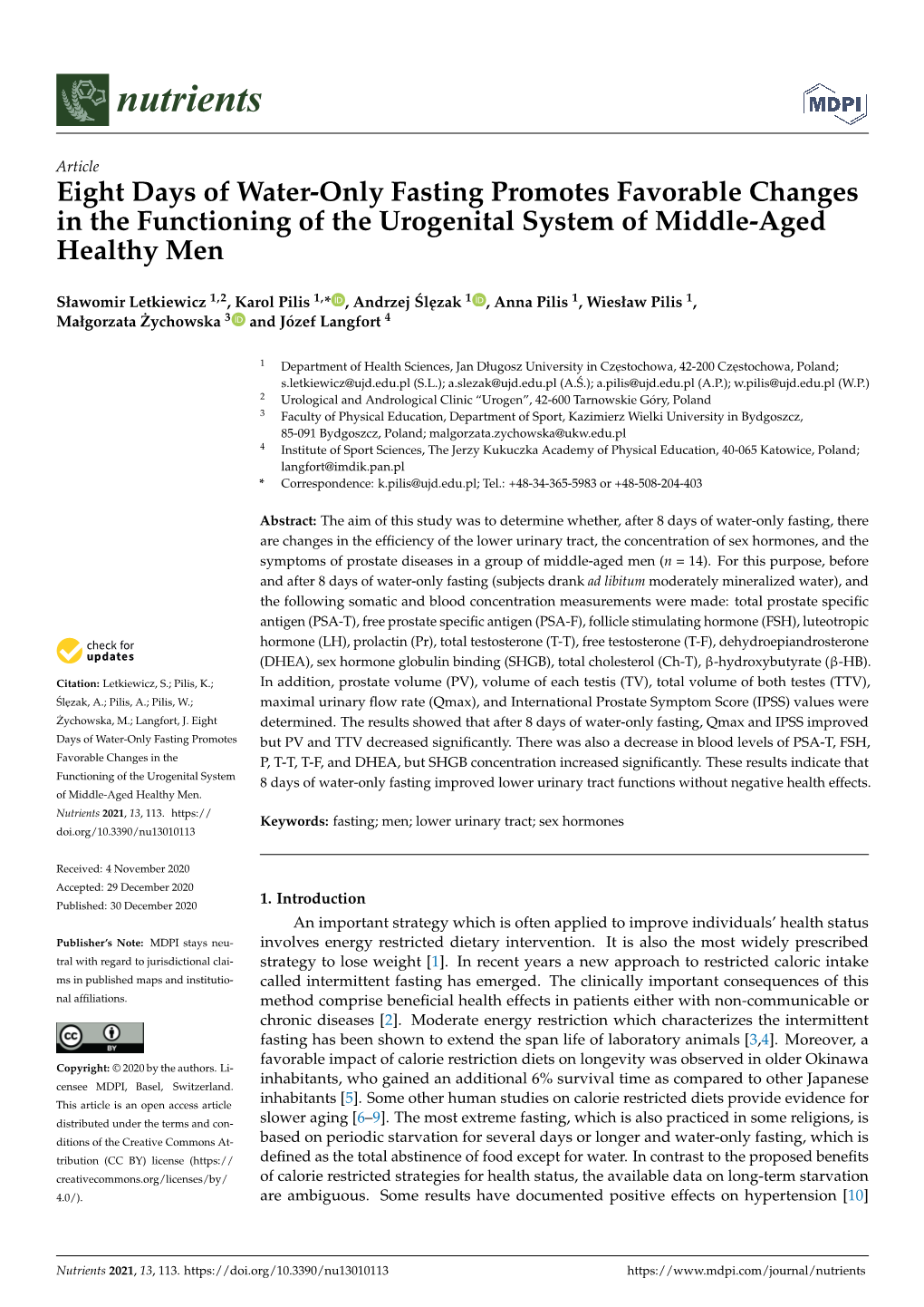 Eight Days of Water-Only Fasting Promotes Favorable Changes in the Functioning of the Urogenital System of Middle-Aged Healthy Men