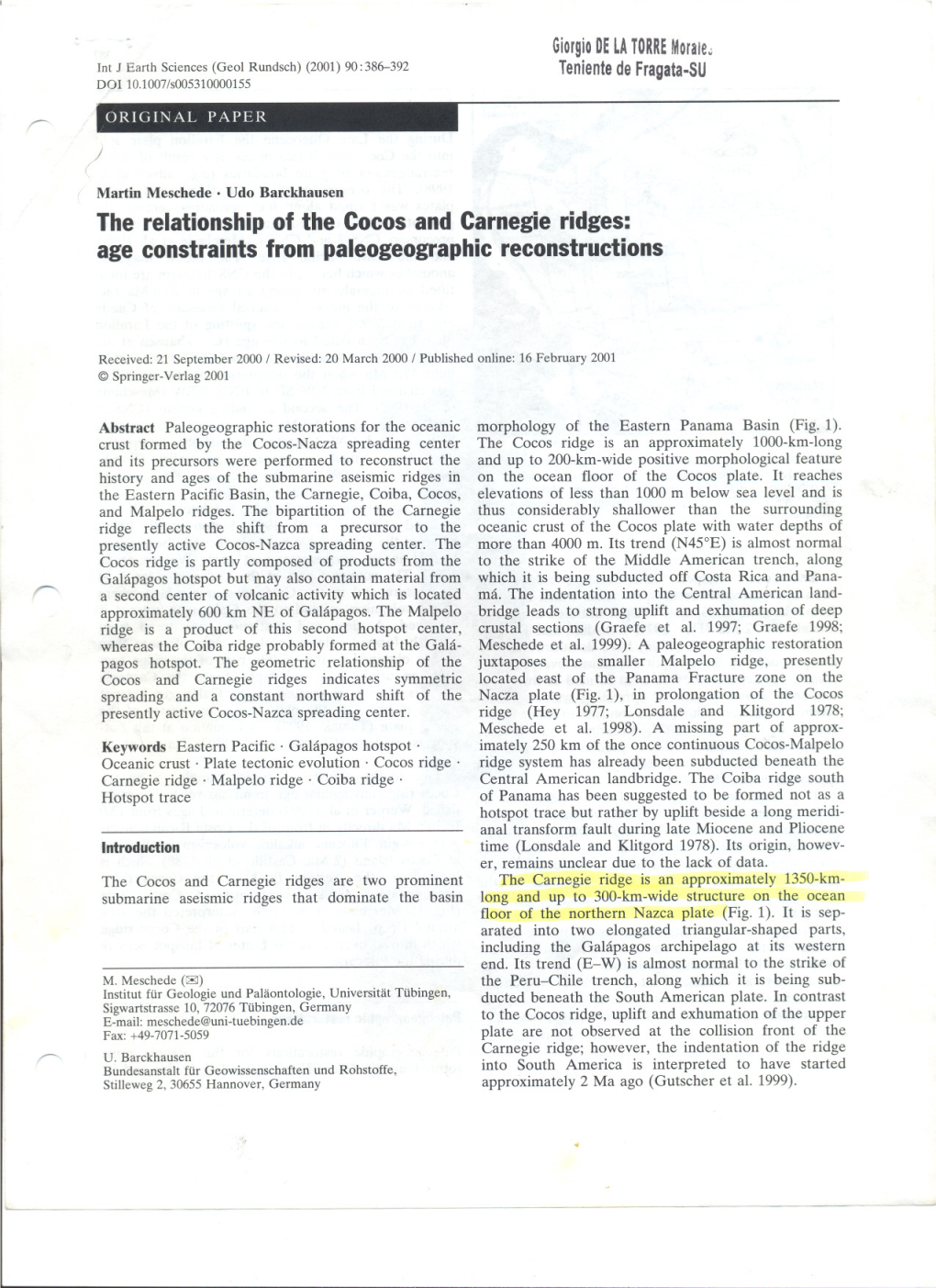 The Relationshipof the Cocosandcarnegieridges: Ageconstraintsfrom Paleogeographicreconstructions