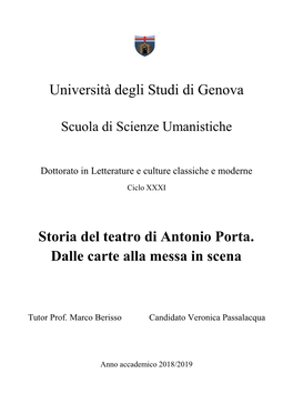 Università Degli Studi Di Genova Storia Del Teatro Di Antonio Porta