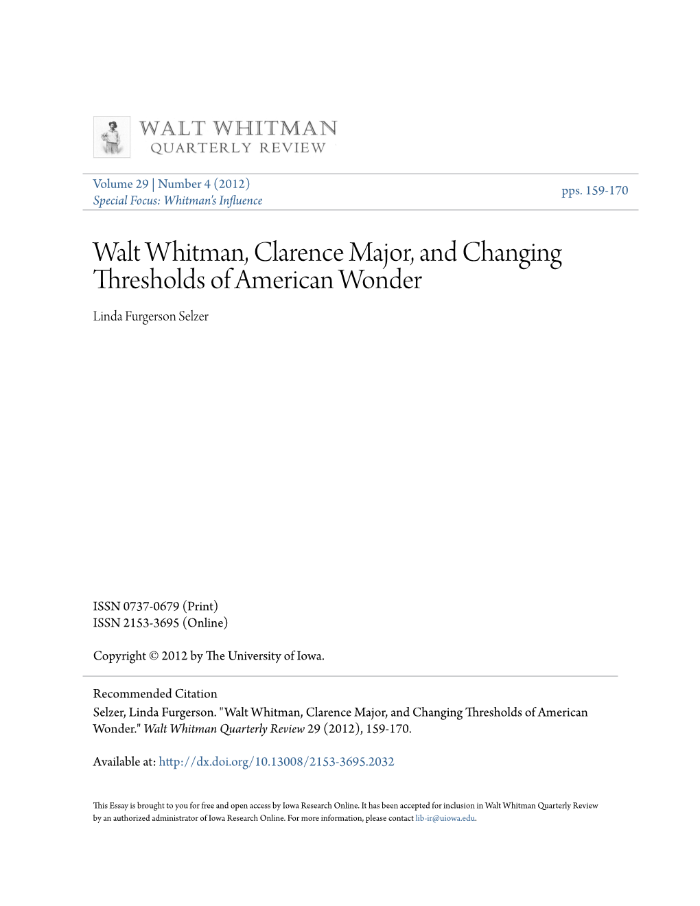 Walt Whitman, Clarence Major, and Changing Thresholds of American Wonder Linda Furgerson Selzer