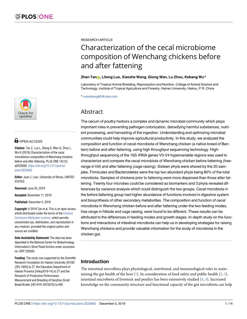 Characterization of the Cecal Microbiome Composition of Wenchang Chickens Before and After Fattening