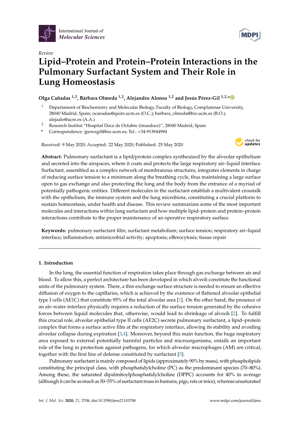 Lipid–Protein and Protein–Protein Interactions in the Pulmonary Surfactant System and Their Role in Lung Homeostasis