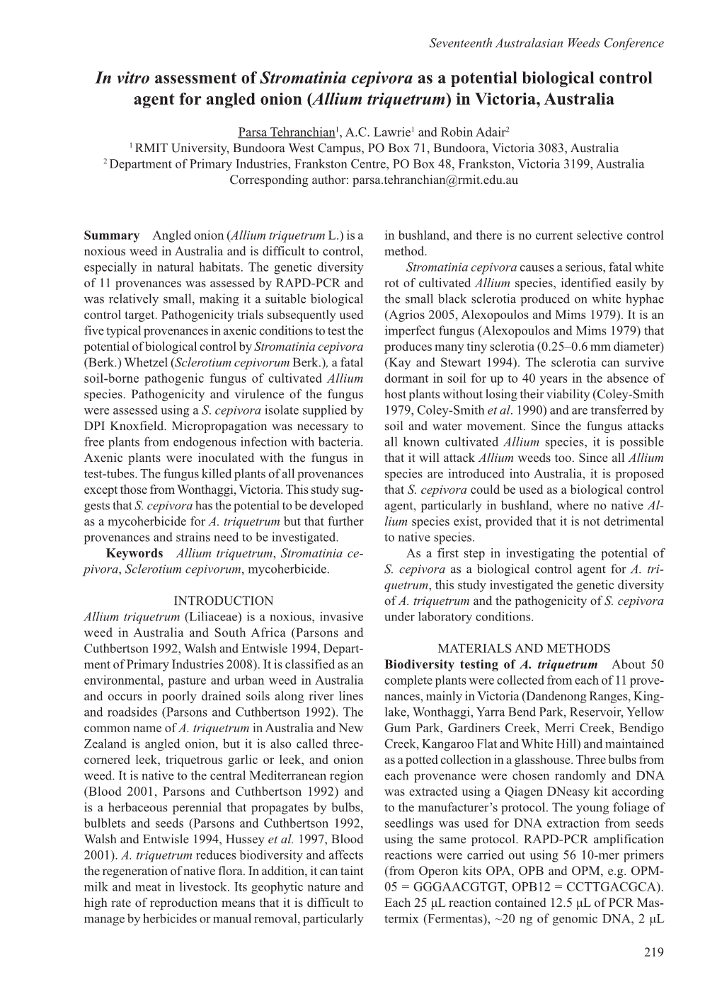 In Vitro Assessment of Stromatinia Cepivora As a Potential Biological Control Agent for Angled Onion (Allium Triquetrum) in Victoria, Australia