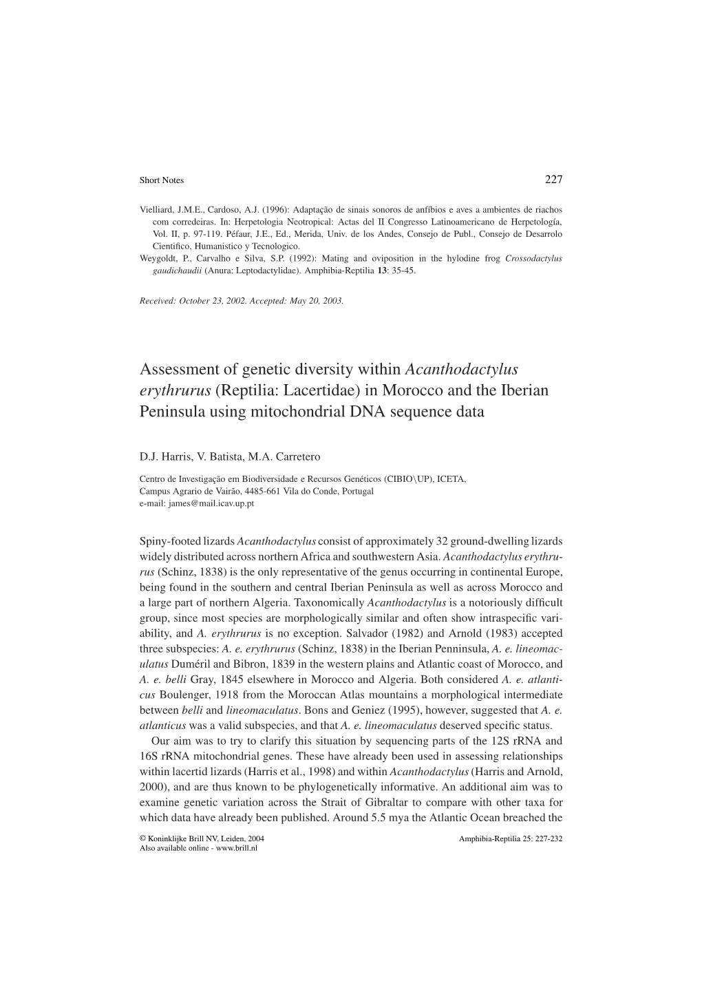 Assessment of Genetic Diversity Within Acanthodactylus Erythrurus (Reptilia: Lacertidae) in Morocco and the Iberian Peninsula Using Mitochondrial DNA Sequence Data