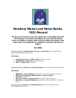 Newbery Medal and Honor Books, 1922-Present