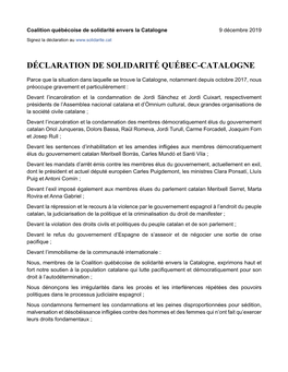 Déclaration De Solidarité Québec-Catalogne