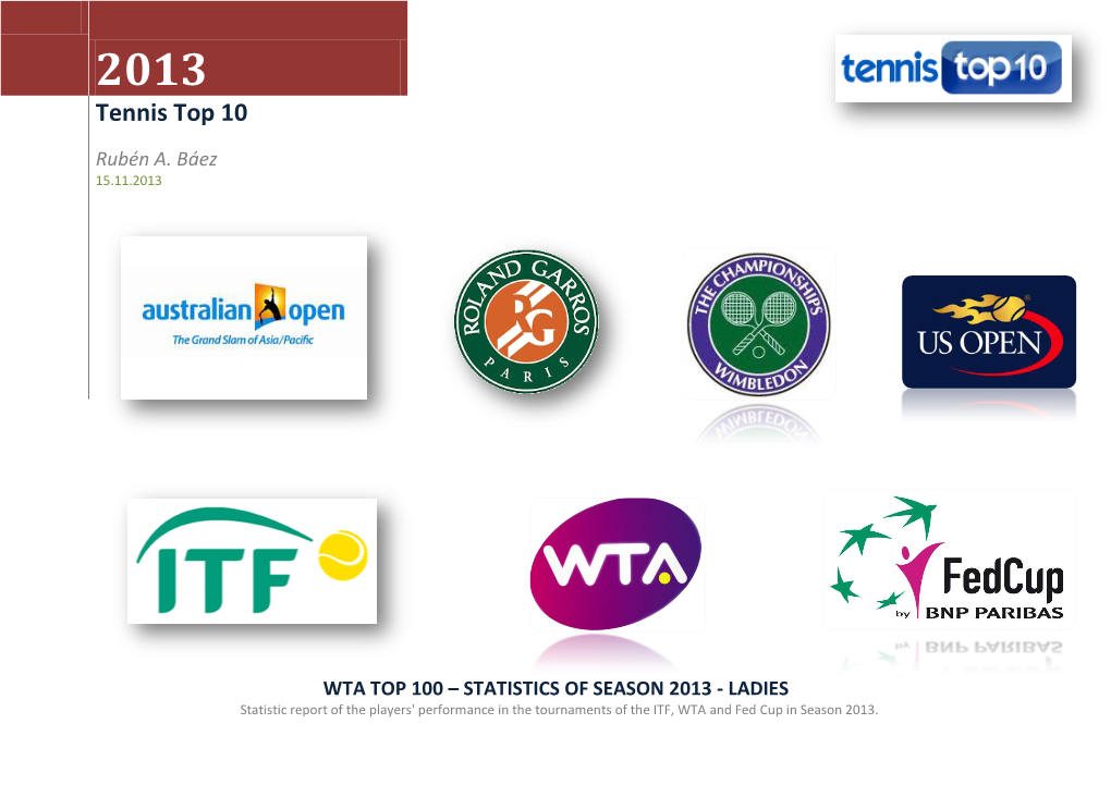 WTA TOP 100 – STATISTICS of SEASON 2013 - LADIES Statistic Report of the Players' Performance in the Tournaments of the ITF, WTA and Fed Cup in Season 2013