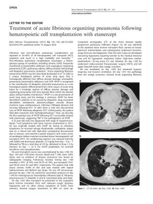 Treatment of Acute Fibrinous Organizing Pneumonia Following Hematopoietic Cell Transplantation with Etanercept