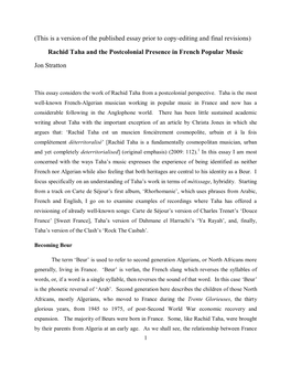 (This Is a Version of the Published Essay Prior to Copy-Editing and Final Revisions) Rachid Taha and the Postcolonial Presence I