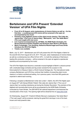 Bertelsmann and UFA Present 'Extended Version' of UFA Film Nights