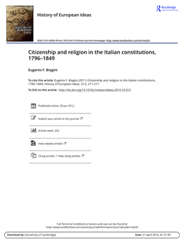 Citizenship and Religion in the Italian Constitutions, 1796Â€“1849