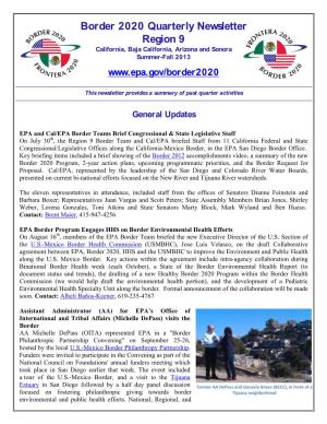 Border 2020 Quarterly Newsletter Region 9 California, Baja California, Arizona and Sonora Summer-Fall 2013