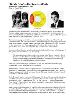 Be My Baby”—The Ronettes (1963) Added to the National Registry: 2006 Essay by Cary O’Dell