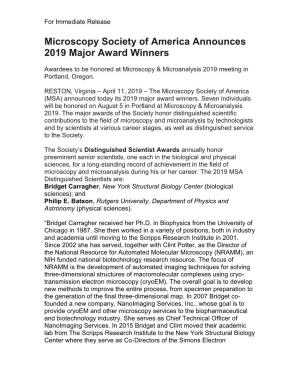 Microscopy Society of America Announces 2019 Major Award Winners