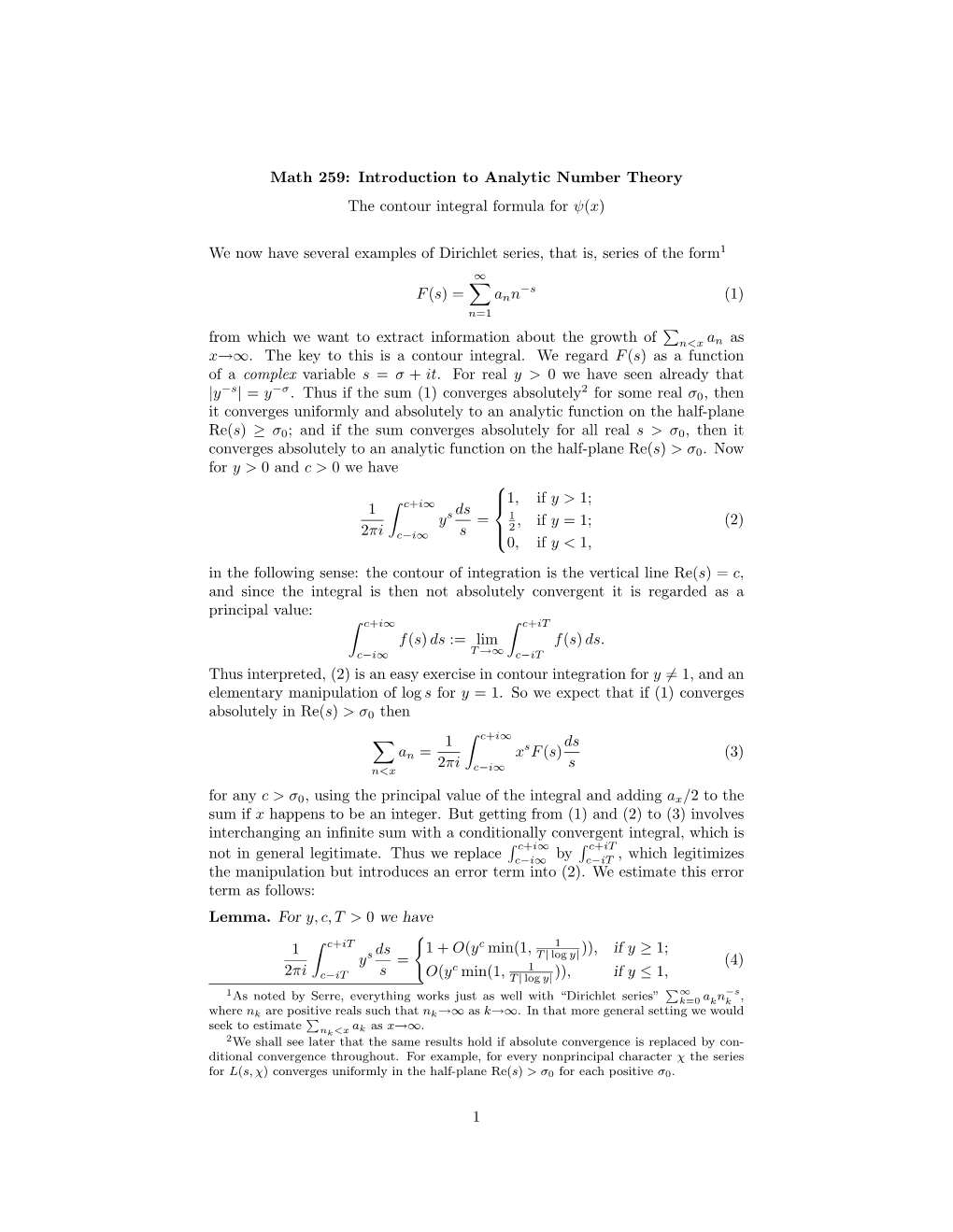 Math 259: Introduction to Analytic Number Theory the Contour Integral Formula for Ψ(X)