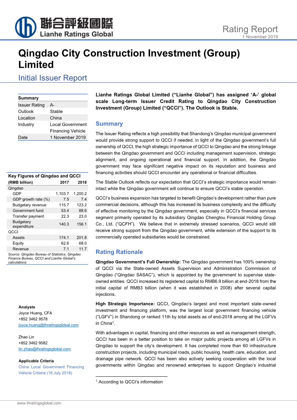 Qingdao City Construction Investment (Group) Limited Initial Issuer Report