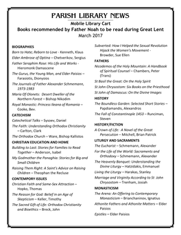 PARISH LIBRARY NEWS Mobile Library Cart Books Recommended by Father Noah to Be Read During Great Lent March 2017