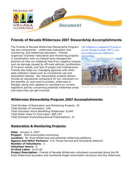 Friends of Nevada Wilderness 2007 Stewardship Accomplishments