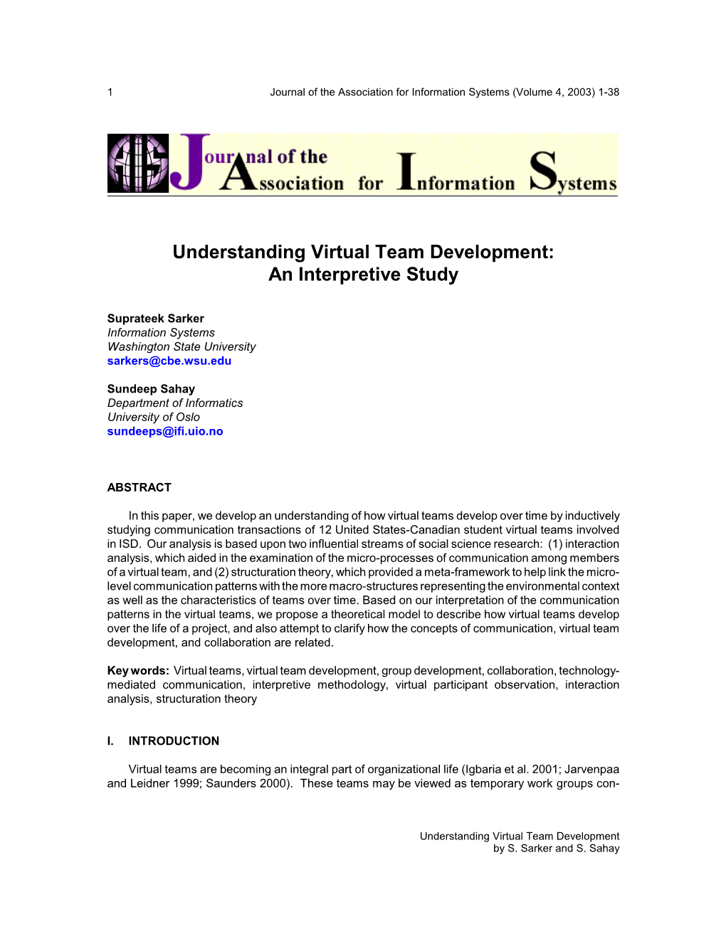 Understanding Virtual Team Development: an Interpretive Study