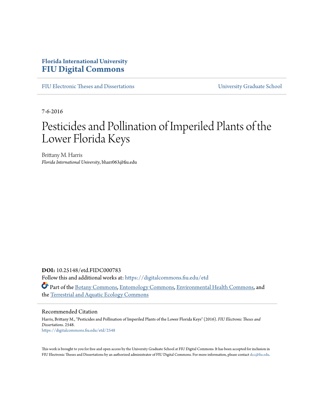 Pesticides and Pollination of Imperiled Plants of the Lower Florida Keys Brittany M