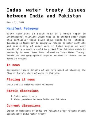 Indus Water Treaty Issues Between India and Pakistan