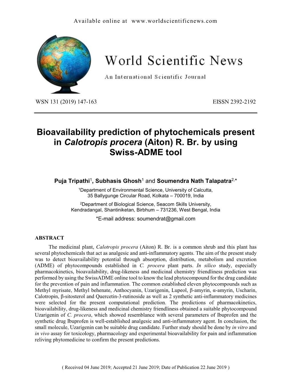 Bioavailability Prediction of Phytochemicals Present in Calotropis Procera (Aiton) R