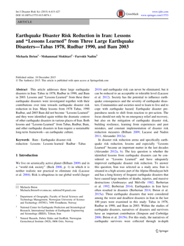 Earthquake Disaster Risk Reduction in Iran: Lessons and ‘‘Lessons Learned’’ from Three Large Earthquake Disasters—Tabas 1978, Rudbar 1990, and Bam 2003