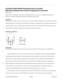 A Simple Paper Model Illustrates How to Cyclize Monosaccharides from Fischer Projections to Haworth Chi H